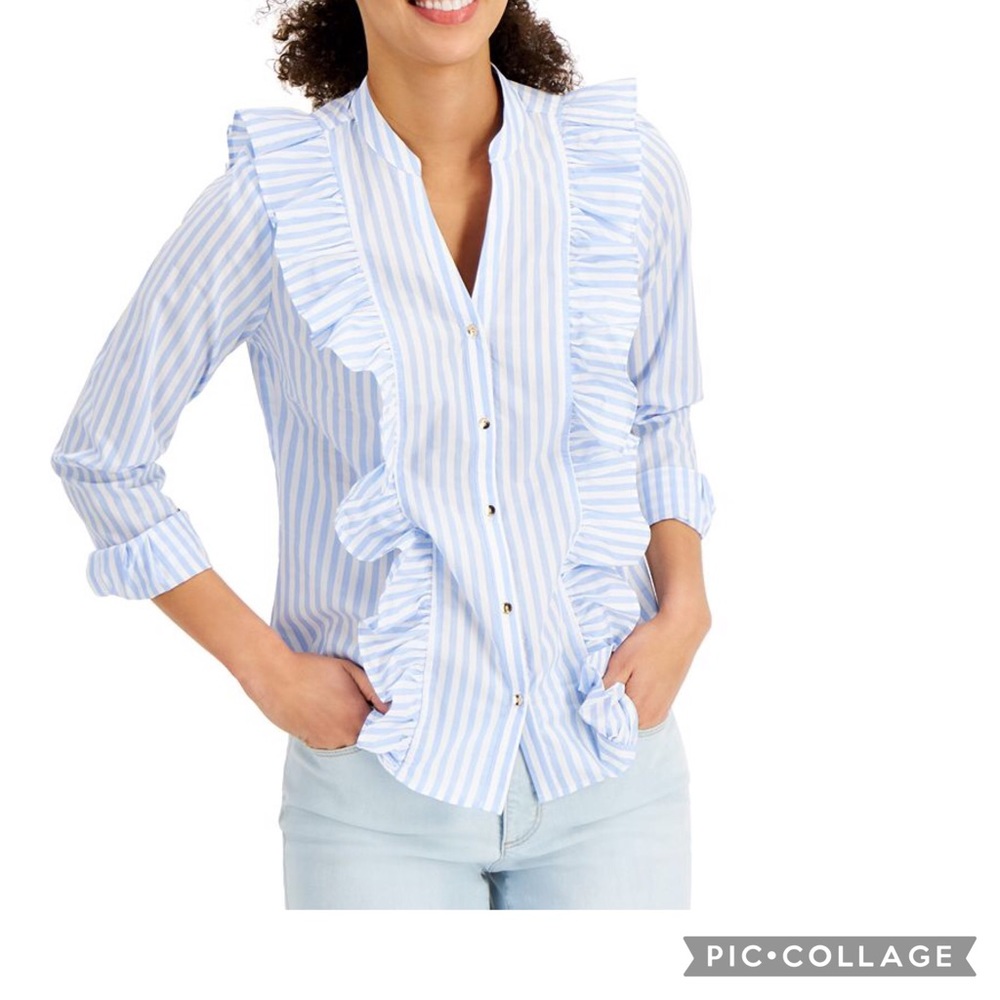 Charter Club blue striped ruffle trim top